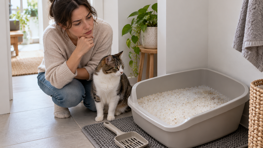 Katzenhalter untersucht ein scheinbar sauberes Katzenklo mit Geruchsproblem – Pacha-Streu