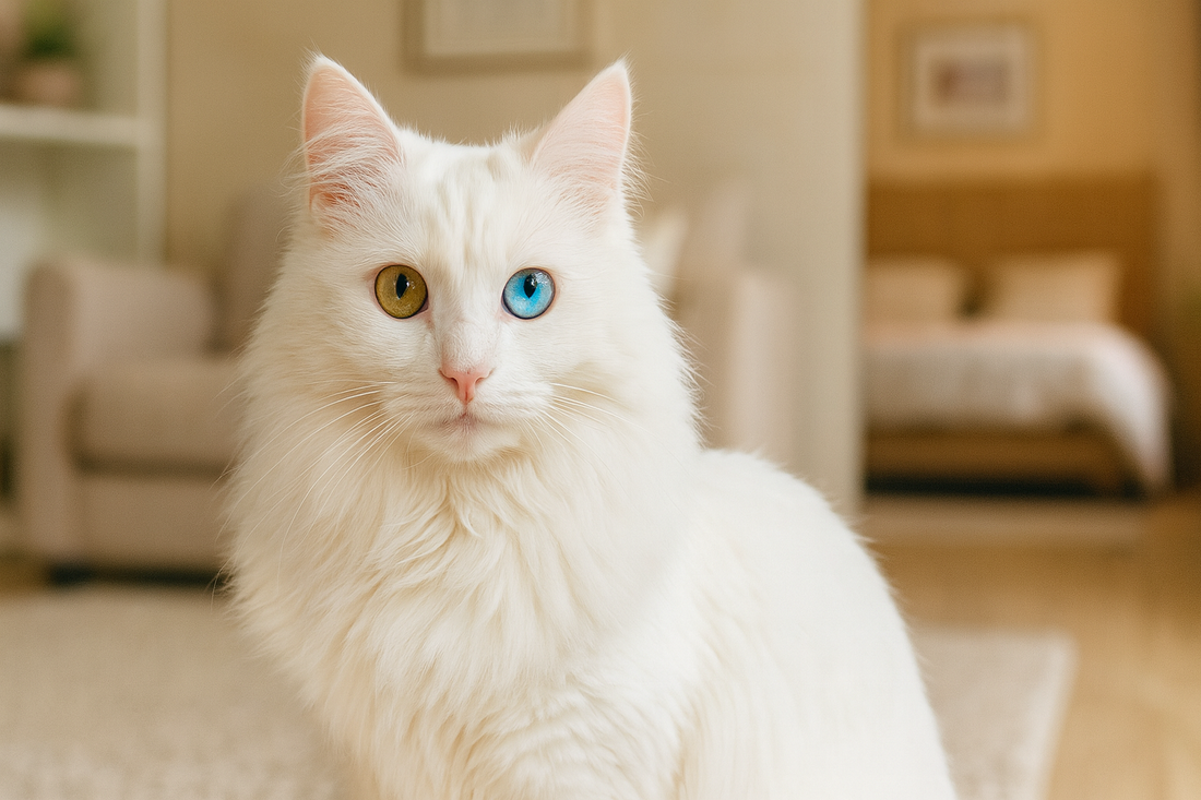 Chat Angora turc aux yeux vairons dans un salon avec canapé beige et chambre en arrière-plan – avec Pacha-Streu