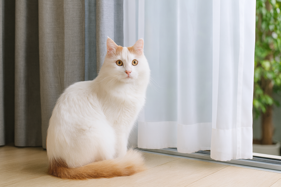 Chat Turkish Van blanc et roux assis sur un balcon devant de grands rideaux – avec Pacha-Streu