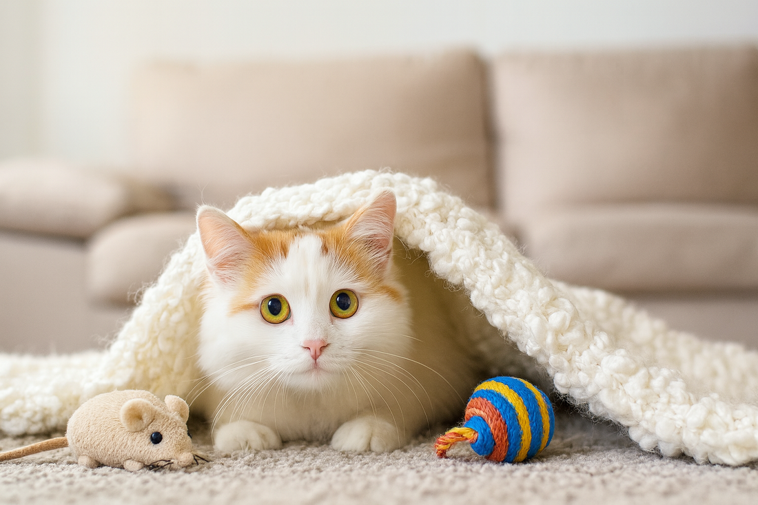 Chaton Turkish Van blanc et roux caché sous une couverture dans un salon avec canapé et jouets – avec Pacha-Streu