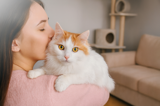 Femme en pull rose tenant et embrassant un chat Van hybride blanc et roux dans un salon avec arbre à chat et grand canapé – avec Pacha-Streu