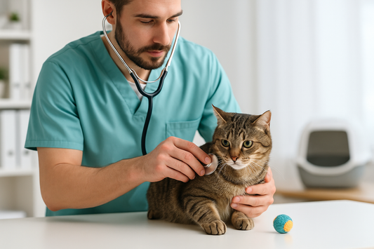 Vétérinaire utilisant un stéthoscope pour examiner un chat domestique tigré sur une table d’examen dans une clinique lumineuse – avec Pacha-Streu