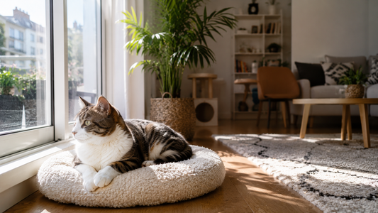 Katze entspannt allein zu Hause auf einem gemütlichen Platz am Fenster – Pacha-Streu