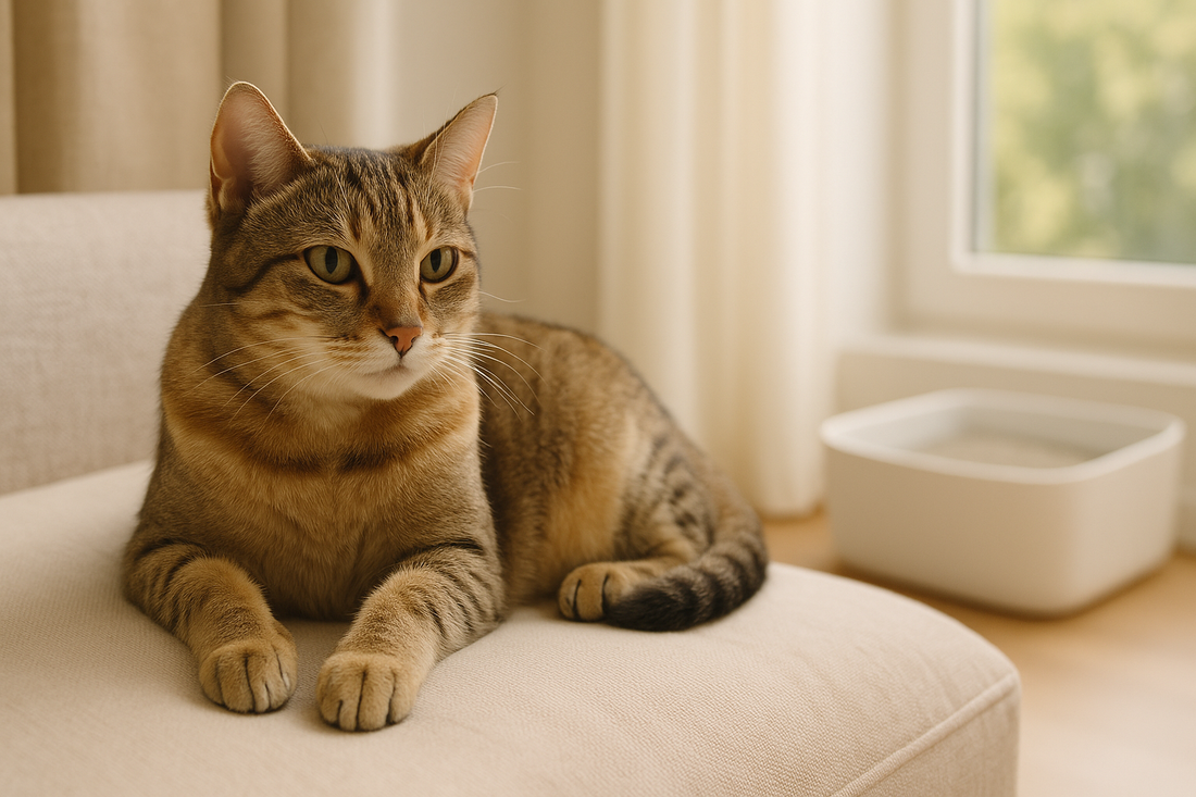 Entspannte weibliche Katze in ruhiger Wohnumgebung mit sauberem Katzenklo und Pacha-Streu für Hygiene und Wohlbefinden