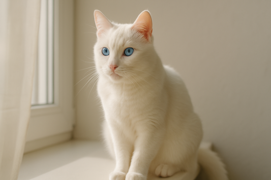Weiße Katze mit blauen Augen und angeborener Taubheit – Gesundheit und Pflege mit Litière Pacha
