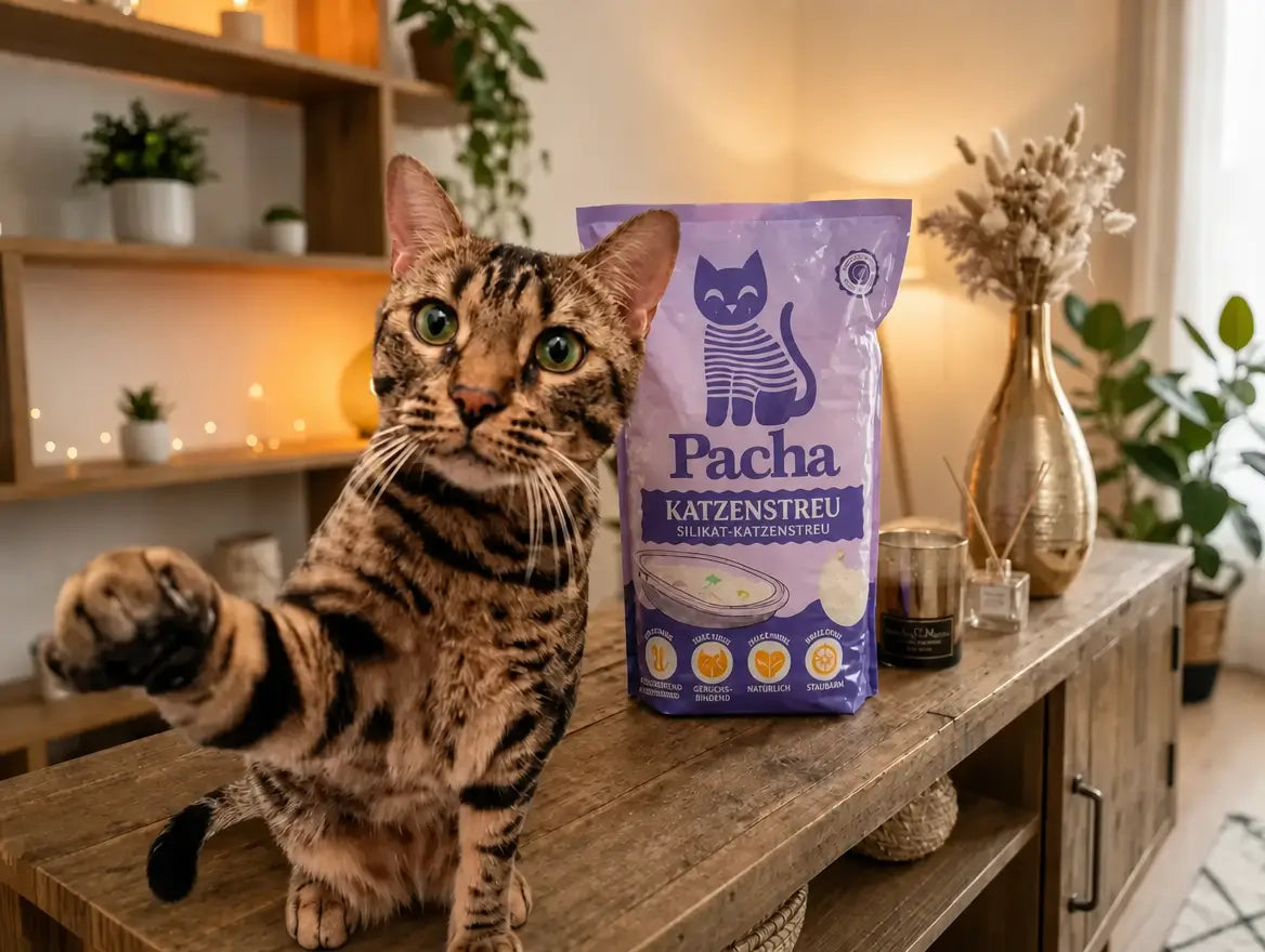 Bengalkatze neben einem Pacha-Sack