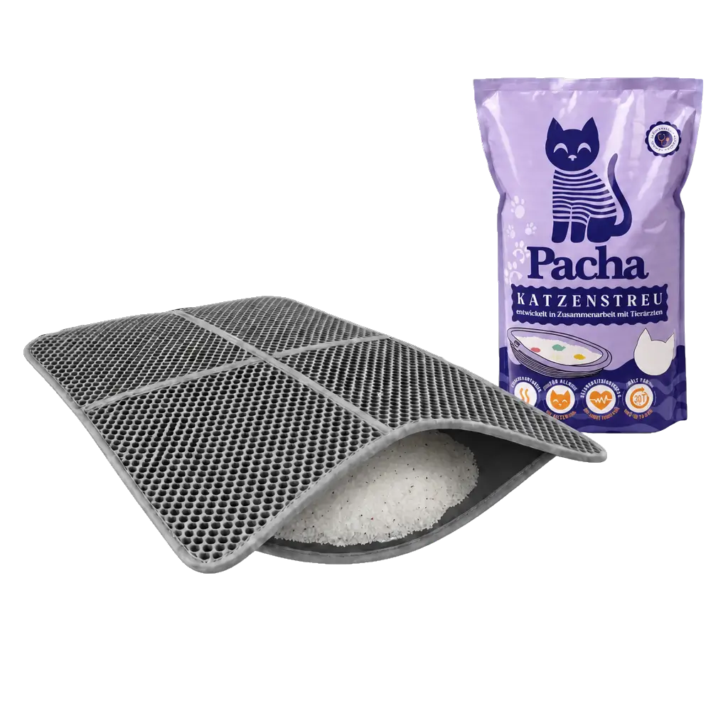 Pacha-Beutel mit Katzenstreu und kostenlose graue XL-Matte als Produktfoto
