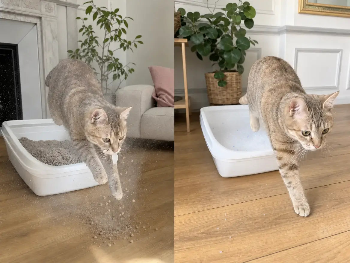 Bildvergleich: links verlässt eine Katze ein klassisches Klumpstreu und hinterlässt eine Staubwolke und Körner auf dem Parkett; rechts verlässt eine Katze ein Pacha-Streu aus weißen Silikatkristallen, ein paar saubere Körner am Boden, schnell aufgesaugt