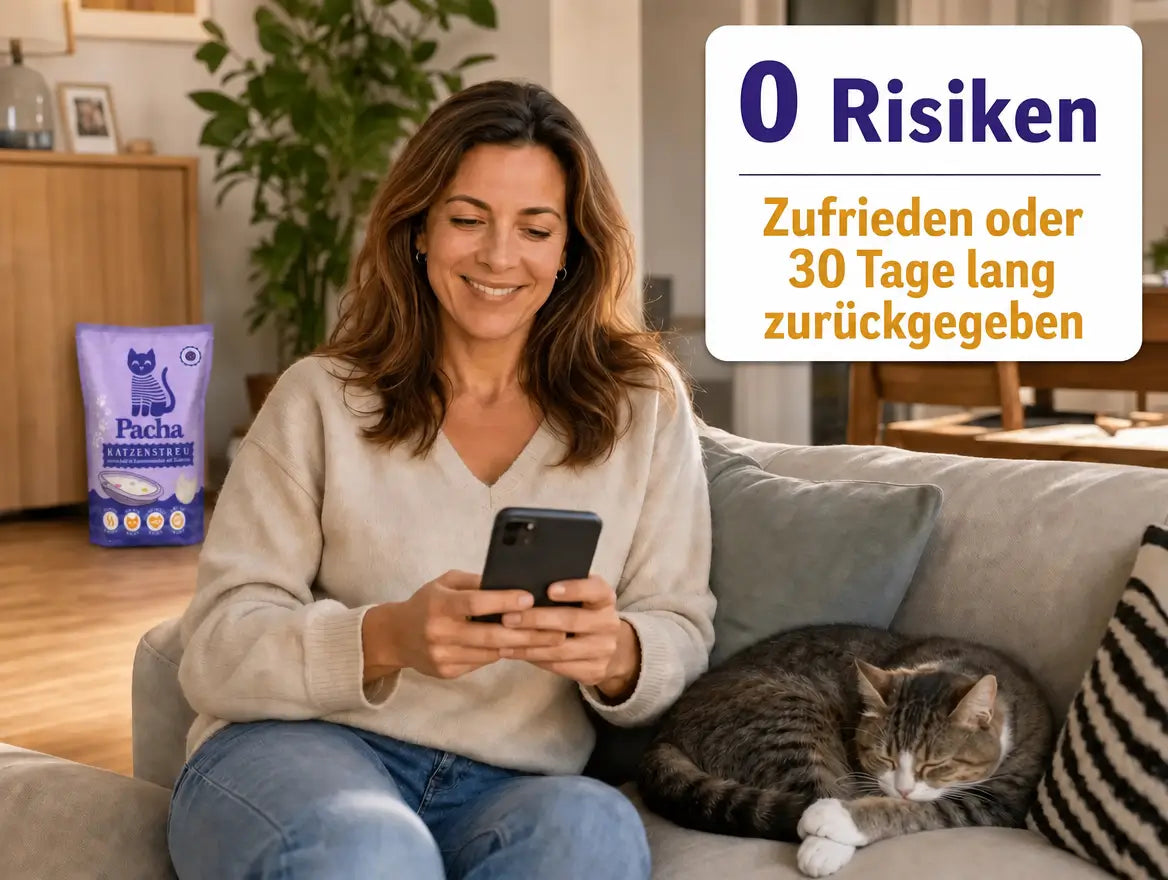 Entspannte Kundin auf dem Sofa schaut auf ihr Smartphone, eine Katze döst neben ihr, mit eingeblendetem Hinweis „0 Risiken — Zufrieden oder Geld zurück, 30 Tage“