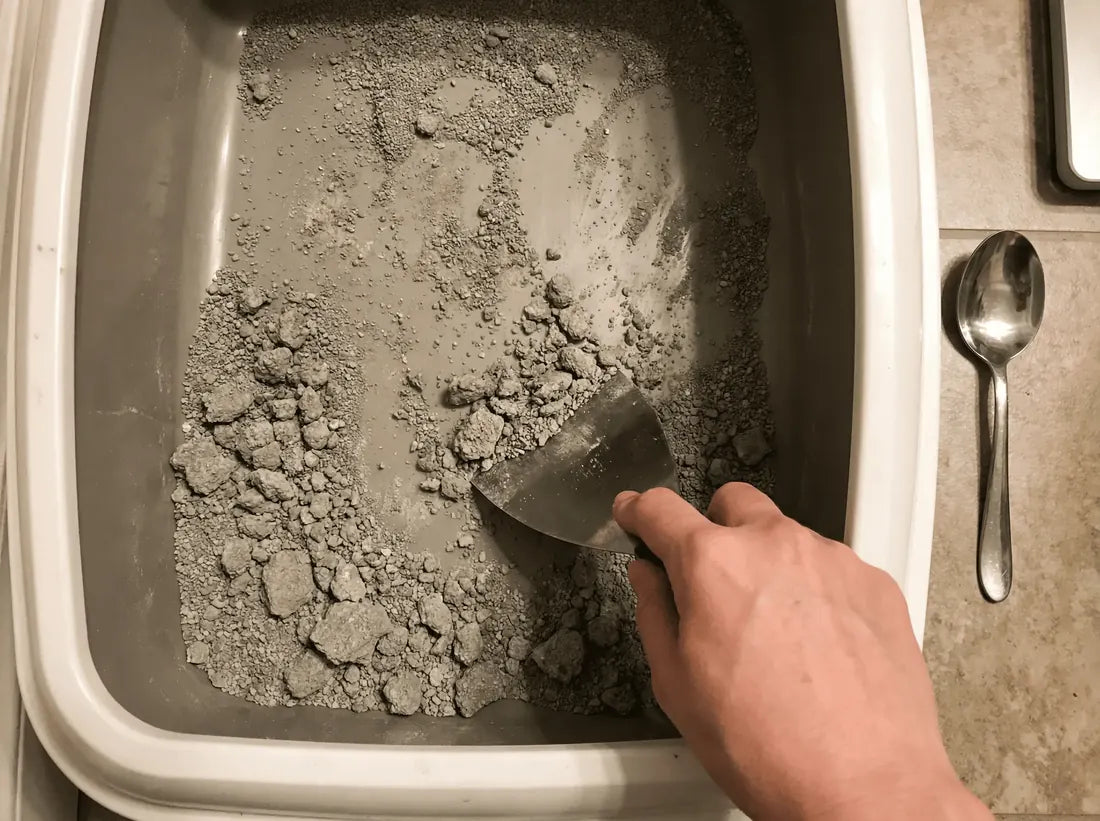 Toilettenboden mit zementartigen R&uuml;ckst&auml;nden, mit Metallschaber abgekratzt, Essl&ouml;ffel daneben