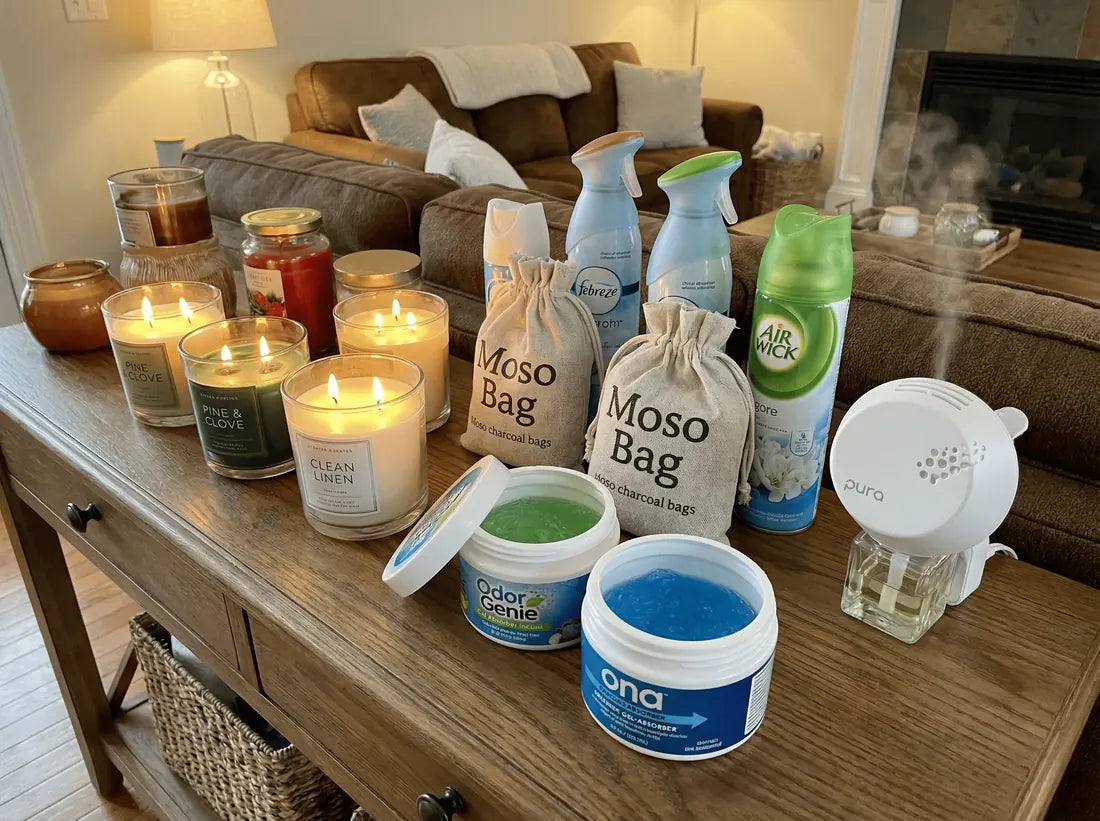 Anti-Geruchs-Arsenal: Kerzen, Sprays, Aktivkohle-Beutel, Gel-T&ouml;pfchen auf einem Regal