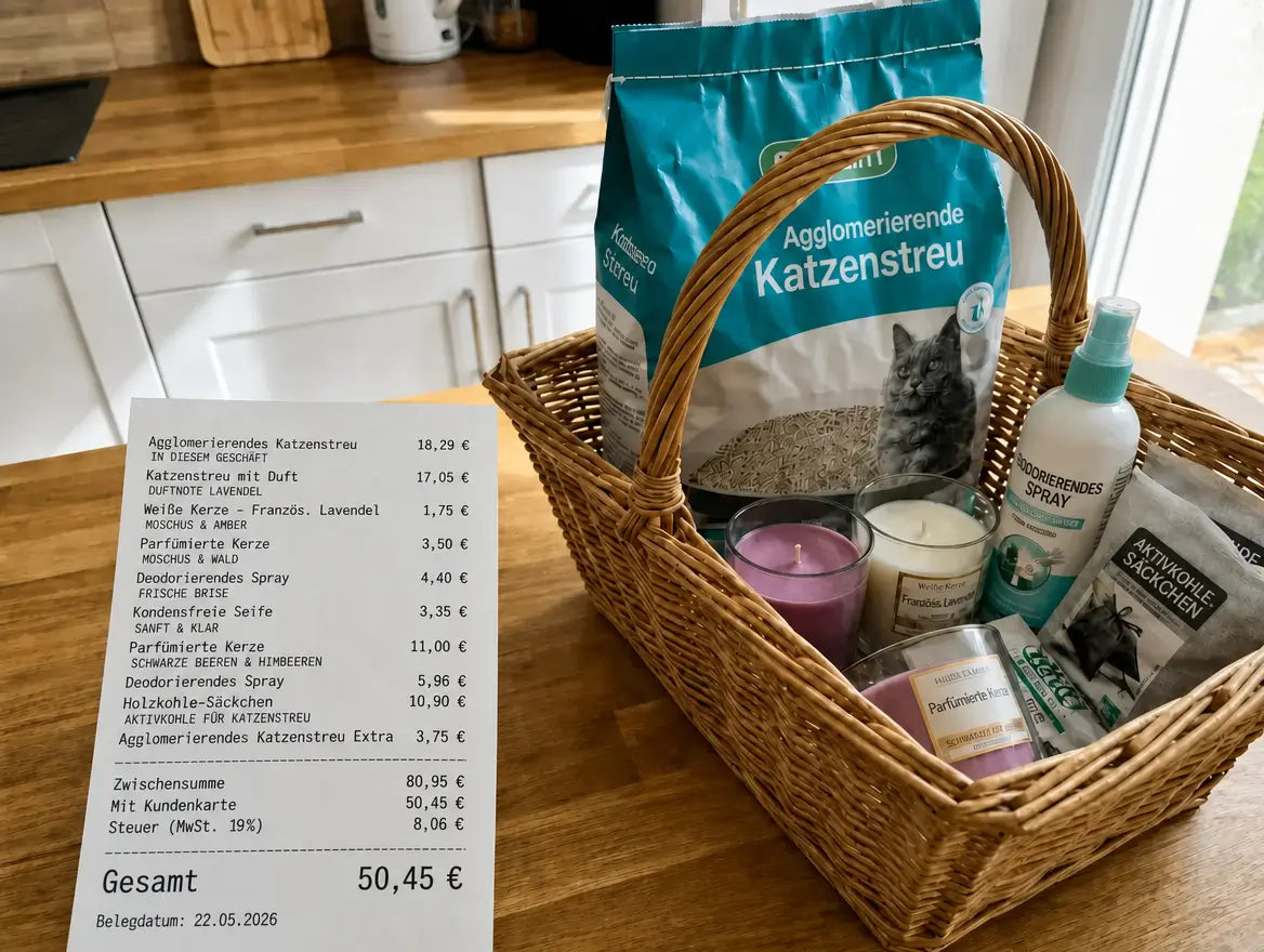 Supermarkt-Kassenbon &uuml;ber 50,45 &euro; mit Einkaufskorb: agglomerierende Katzenstreu, Duftkerzen, deodorierendes Spray und Aktivkohle-S&auml;ckchen