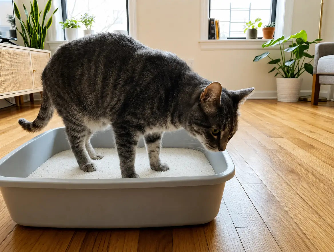 Die Katze ist schon in der Toilette und inspiziert die Kristalle