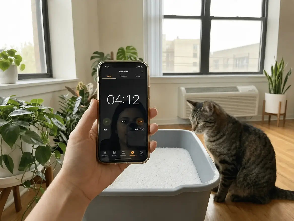 Stoppuhr bei 4:12 auf dem Handy, die Katze neben der Toilette