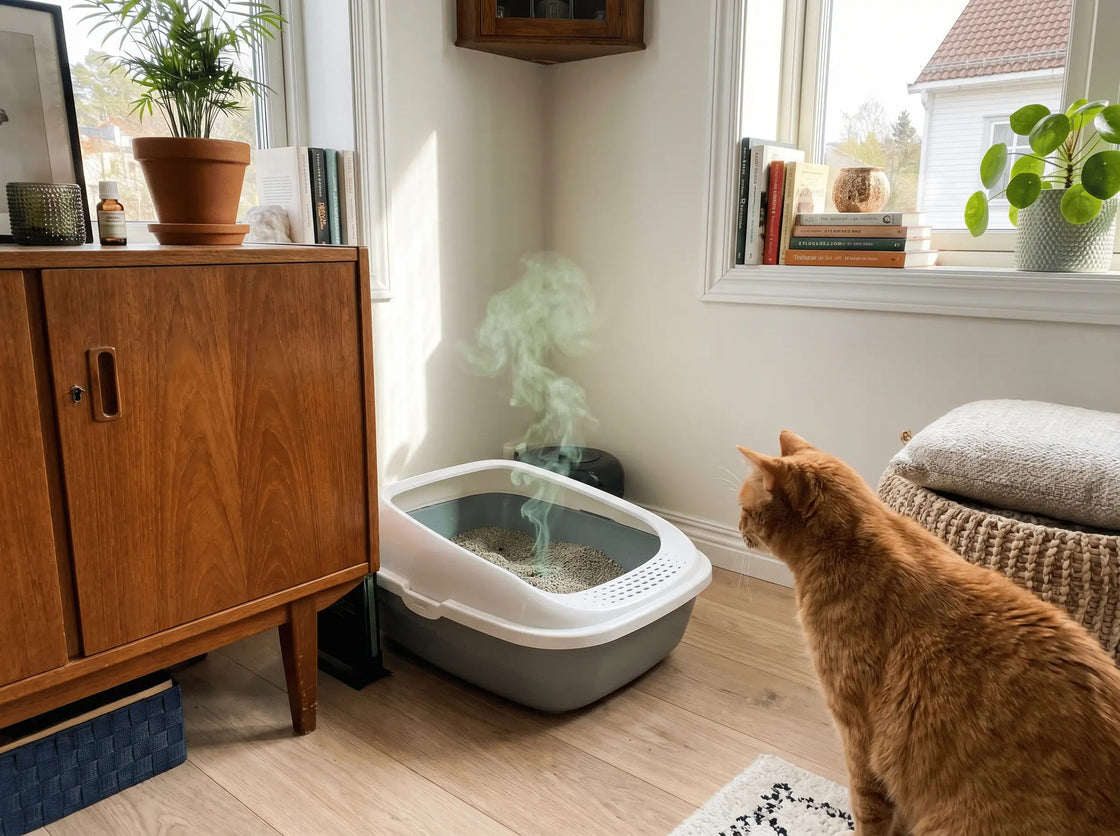 Eine Geruchswolke steigt aus einem Katzenklo im Wohnzimmer auf, eine Katze beobachtet die Szene