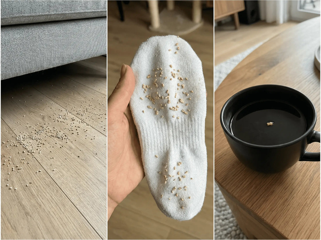 Streukörner überall verstreut: auf dem Parkett unter einem Sofa, an einer Socke klebend, und ein Korn in einer Kaffeetasse