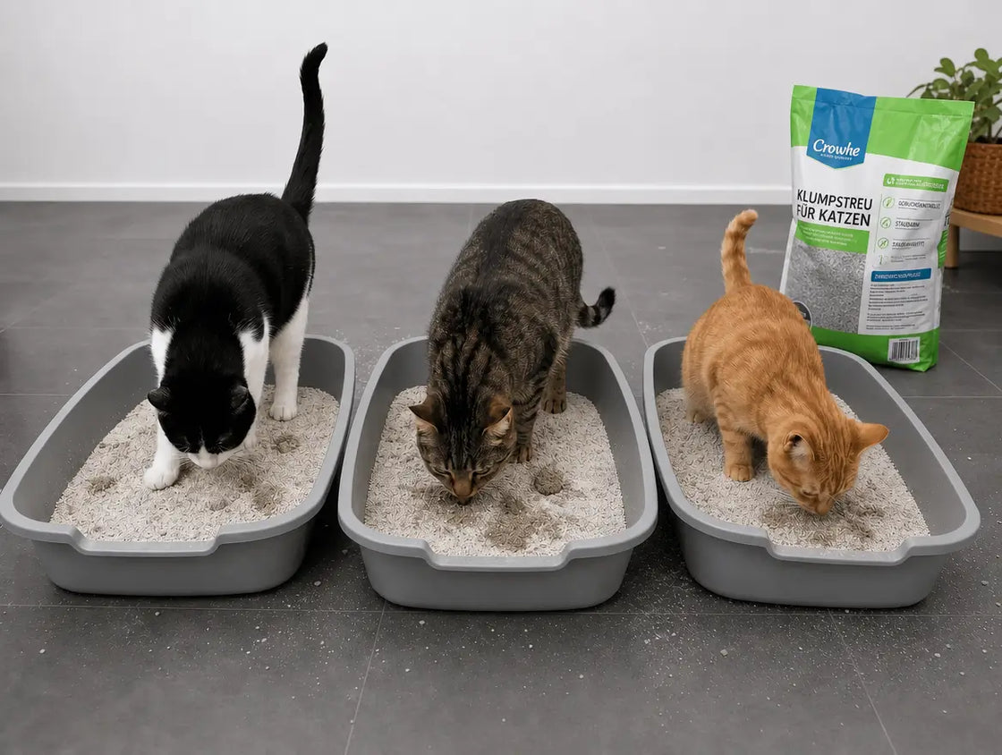 Drei Katzen, die jeweils ihr eigenes Klumpstreu-Klo in einer Wohnung benutzen