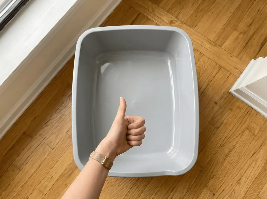Ein erhobener Daumen über einem leeren, völlig sauberen Katzenklo, wie neu