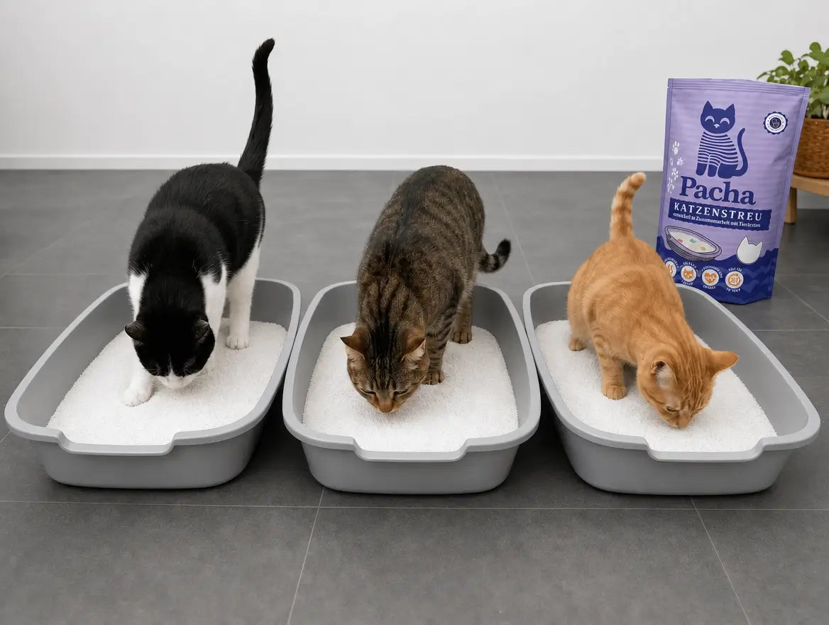 Drei Katzen, jede in ihrem mit weißen Pacha-Kristallen gefüllten Klo, beim Inspizieren, der Pacha-Beutel steht daneben