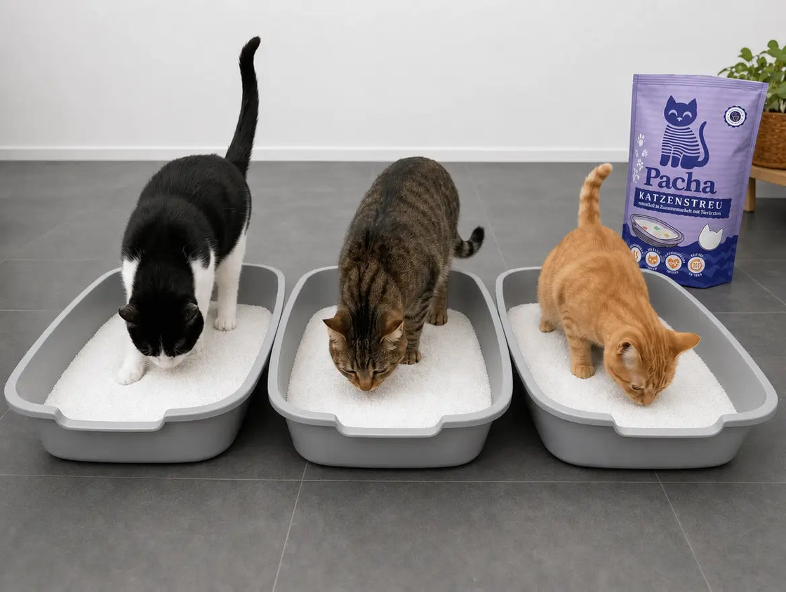 Drei Katzen, jede in ihrem mit weißen Pacha-Kristallen gefüllten Klo, beim Inspizieren, der Pacha-Beutel steht daneben