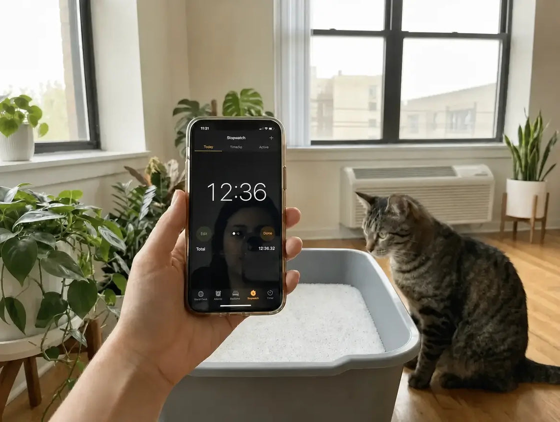 Eine Hand hält ein Smartphone mit einem Timer, eine getigerte Katze sitzt neben einem mit weißen Pacha-Kristallen gefüllten Katzenklo
