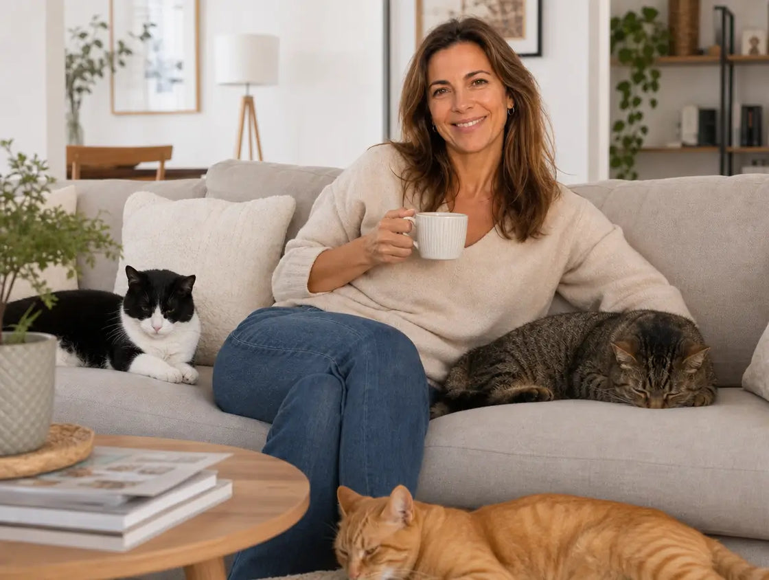 Eine entspannte Frau auf ihrem Sofa, mit einer Tasse Kaffee in der Hand, ihre drei Katzen friedlich um sie herum