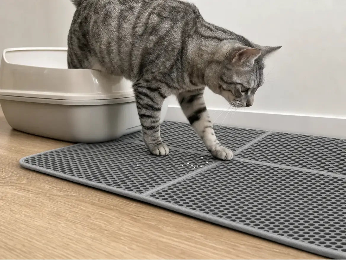 Katze steigt aus der Katzentoilette auf eine XL-Matte, die einige Streukörner auffängt