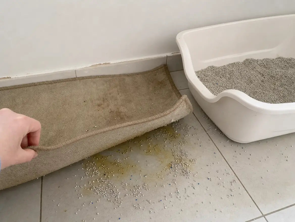 Hand hebt eine alte, schmutzige Stoffmatte an — darunter Streukörner und eine feuchte Stelle