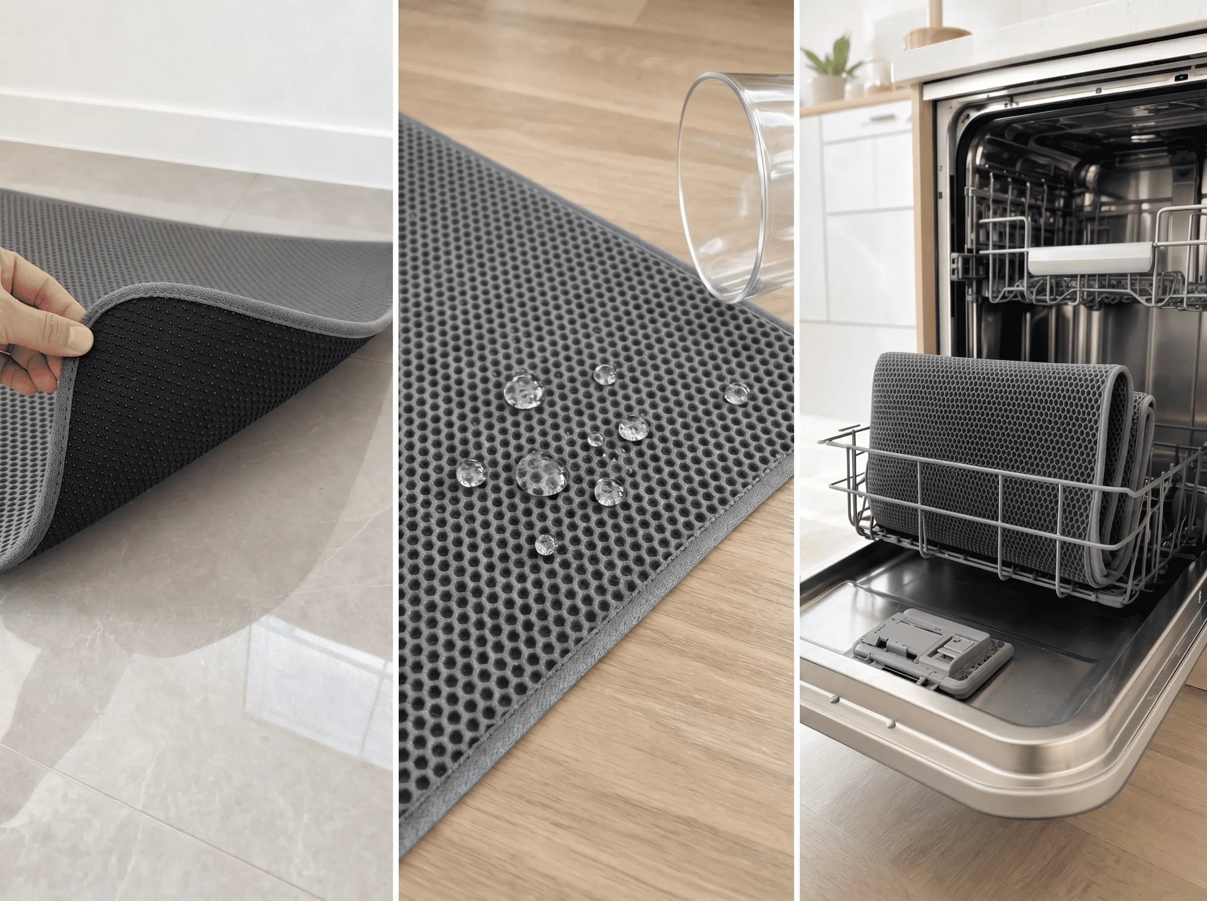 Dreiteilige Ansicht der XL-Matte: rutschfeste Oberfläche, dichte Unterseite mit Wassertropfen, spülmaschinengeeignet