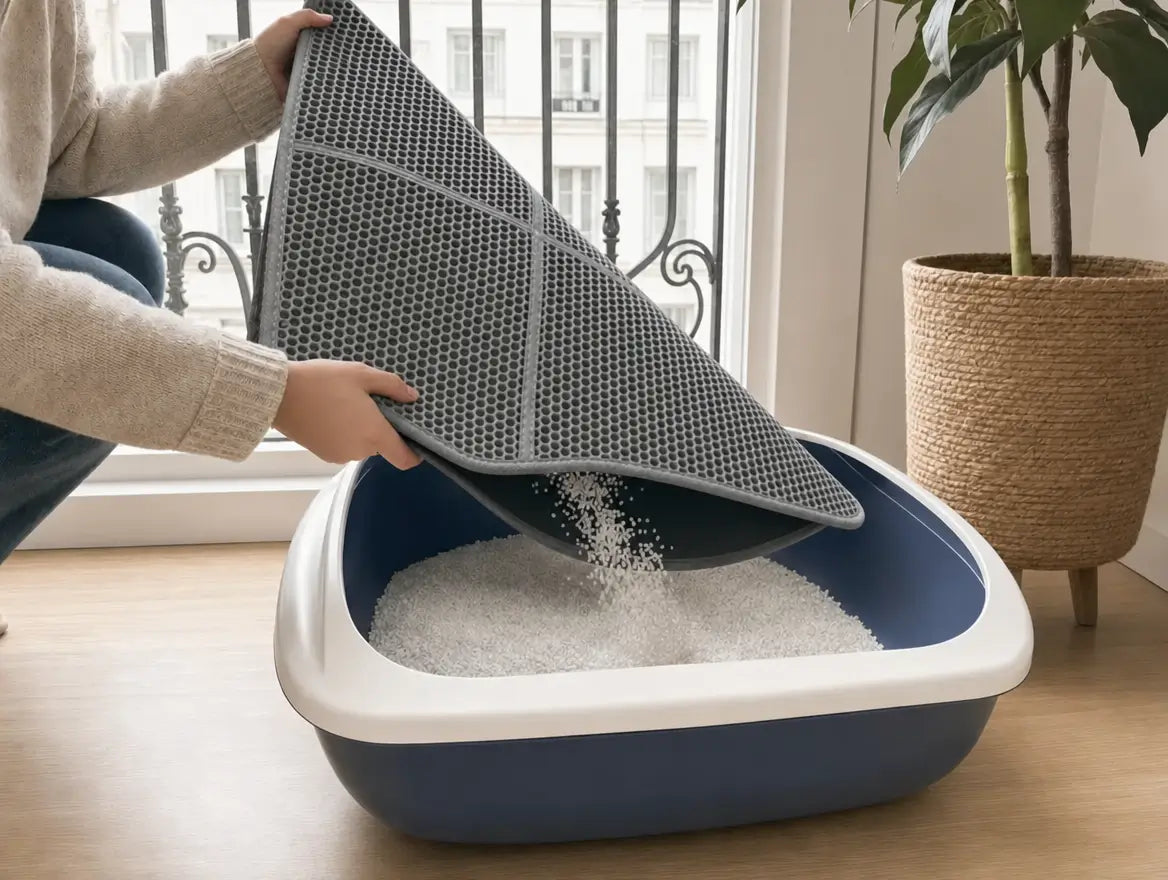 Hand hebt die XL-Matte über die Katzentoilette, die Streukörner fallen zurück hinein